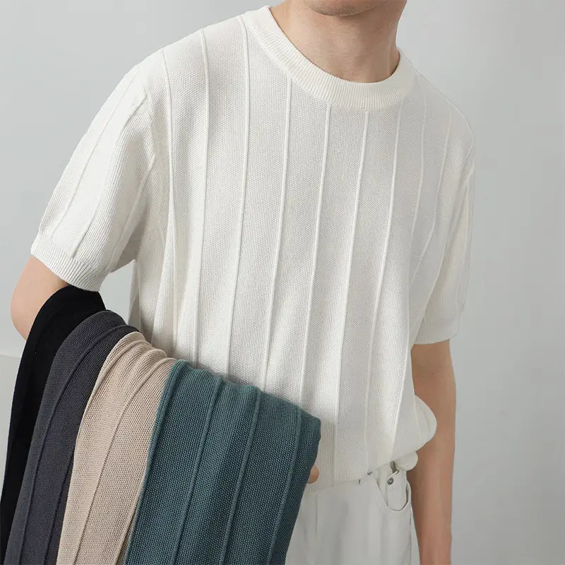 Men's White Knitted T-Shirt Round Neck Short Sleeve 2023 - Image 6