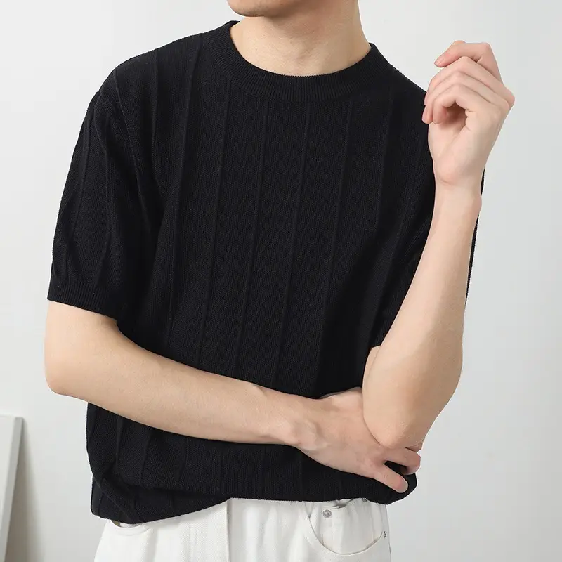 Men's White Knitted T-Shirt Round Neck Short Sleeve 2023 - Image 4