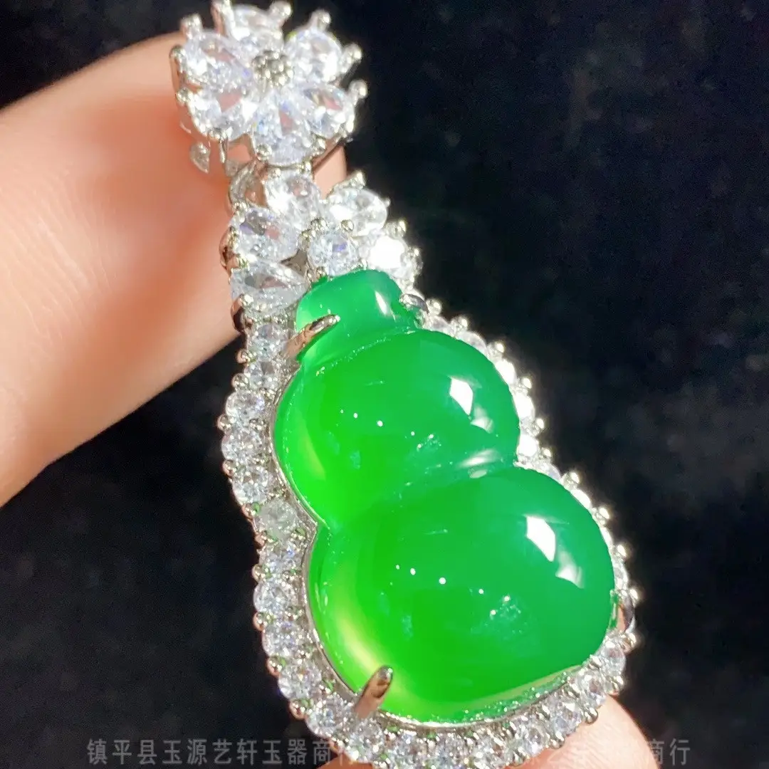 Yang Green Chalcedony Gourd Necklace with Crystal Accents - Image 2