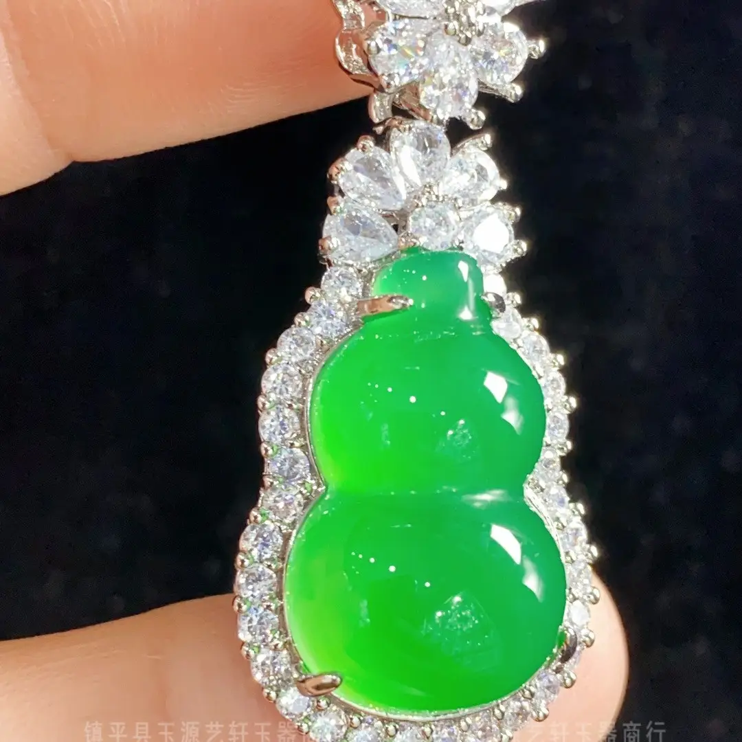 Yang Green Chalcedony Gourd Necklace with Crystal Accents - Image 3