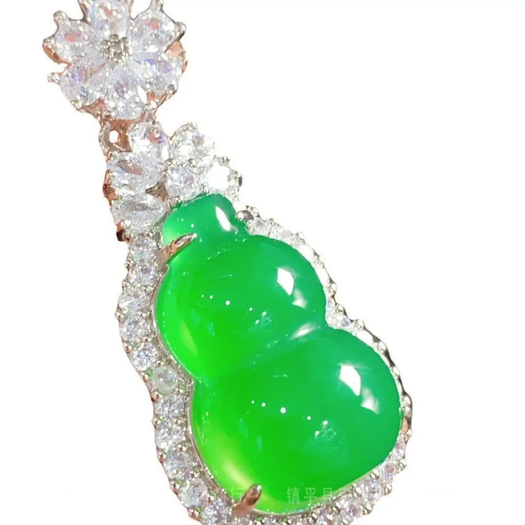 Yang Green Chalcedony Gourd Necklace with Crystal Accents - Image 5