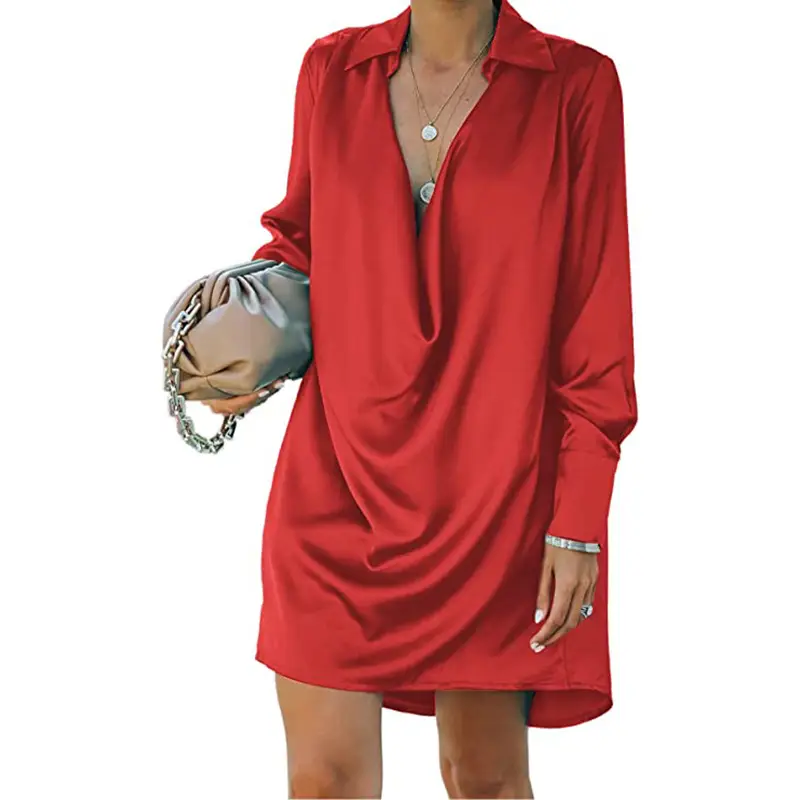 Red Loose Sleeve Collar Dress for Women - Image 7