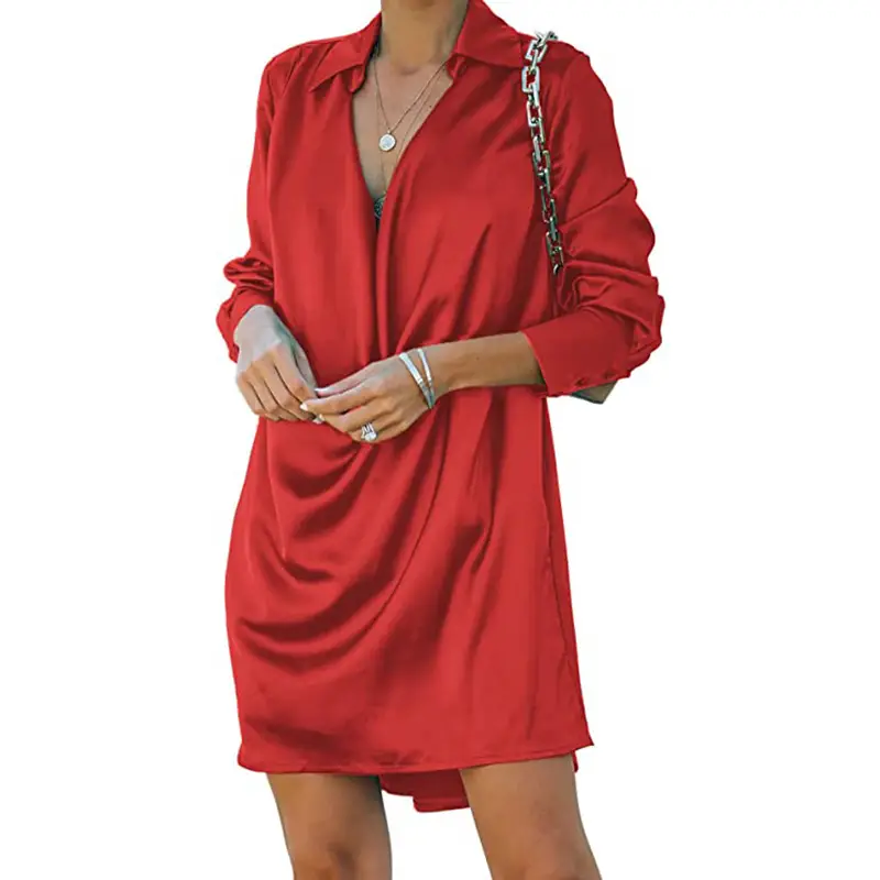 Red Loose Sleeve Collar Dress for Women - Image 3
