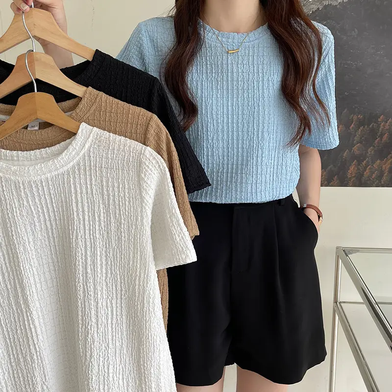 Women French Pleated Jacquard T-Shirt Summer Thin - Image 5