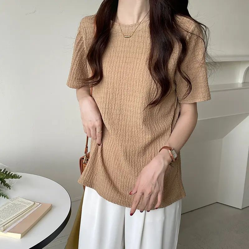 Women French Pleated Jacquard T-Shirt Summer Thin - Image 6