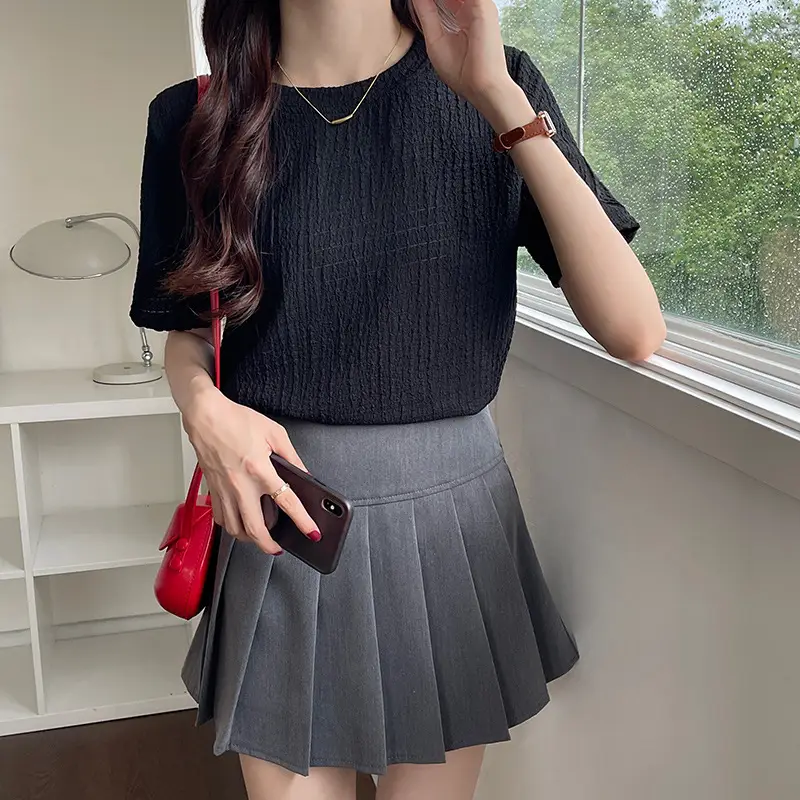 Women French Pleated Jacquard T-Shirt Summer Thin - Image 7