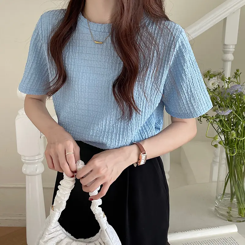 Women French Pleated Jacquard T-Shirt Summer Thin - Image 9