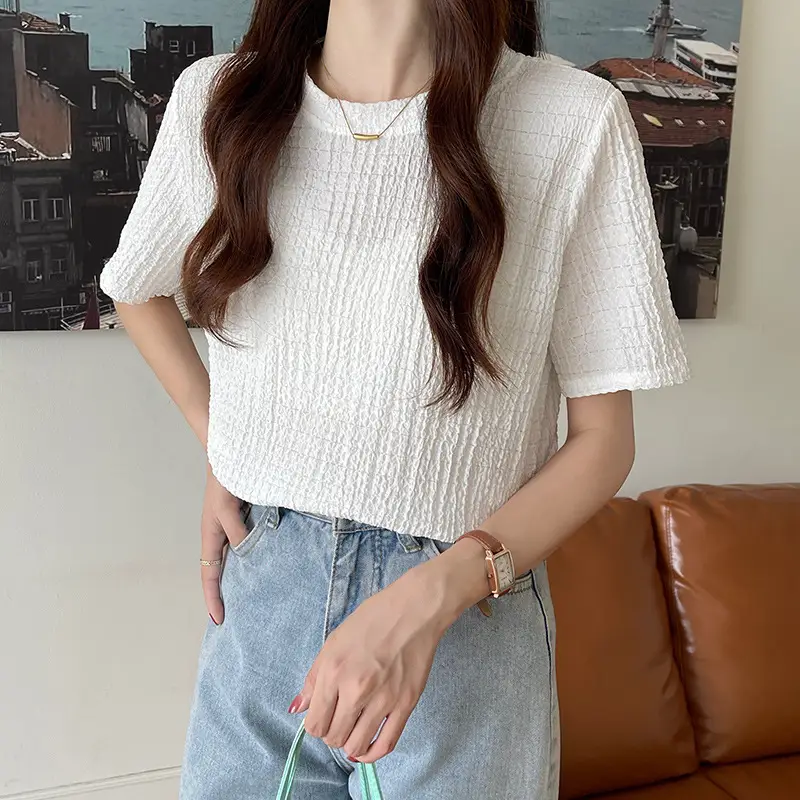 Women French Pleated Jacquard T-Shirt Summer Thin - Image 2