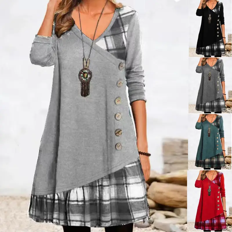 Women Black Patchwork Button Long Sleeve Tunic Dress