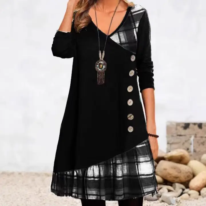 Women Black Patchwork Button Long Sleeve Tunic Dress