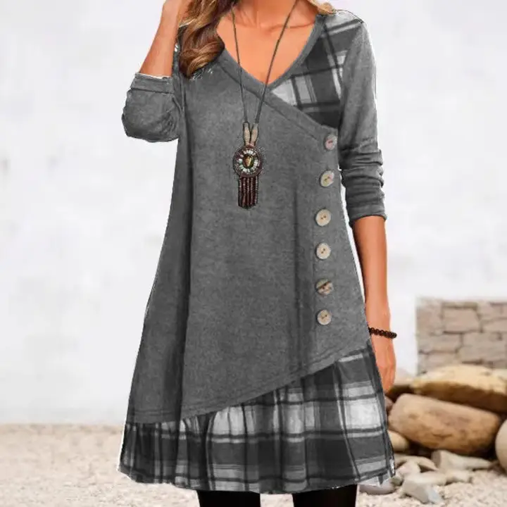 Women Black Patchwork Button Long Sleeve Tunic Dress