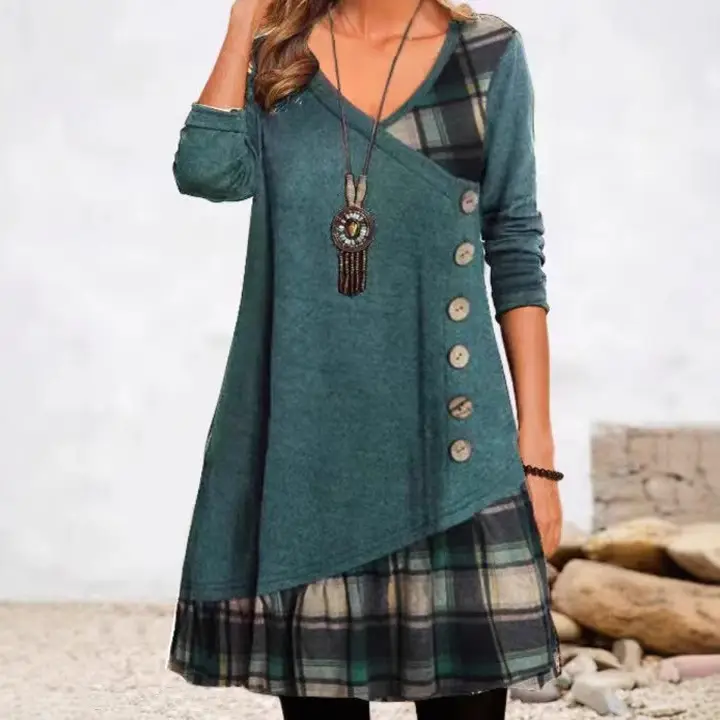 Women Black Patchwork Button Long Sleeve Tunic Dress