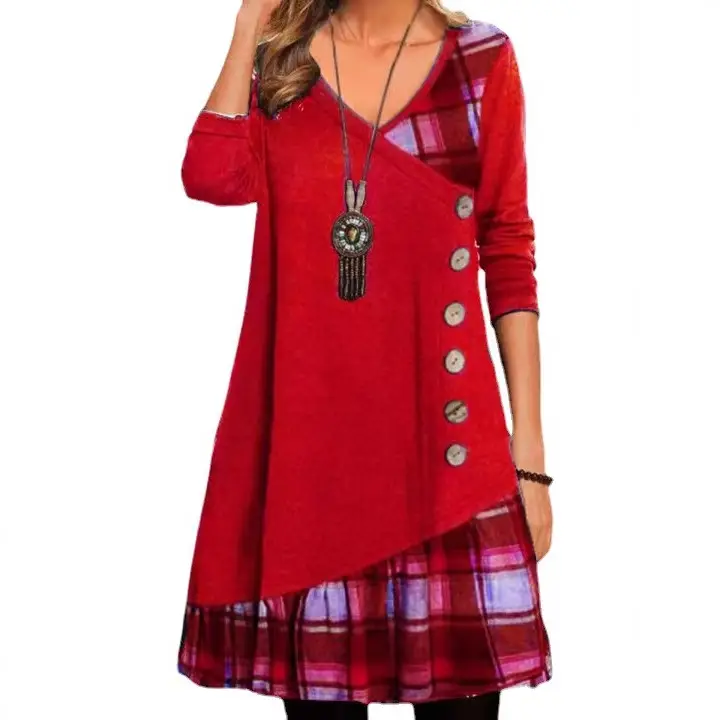 Women Black Patchwork Button Long Sleeve Tunic Dress