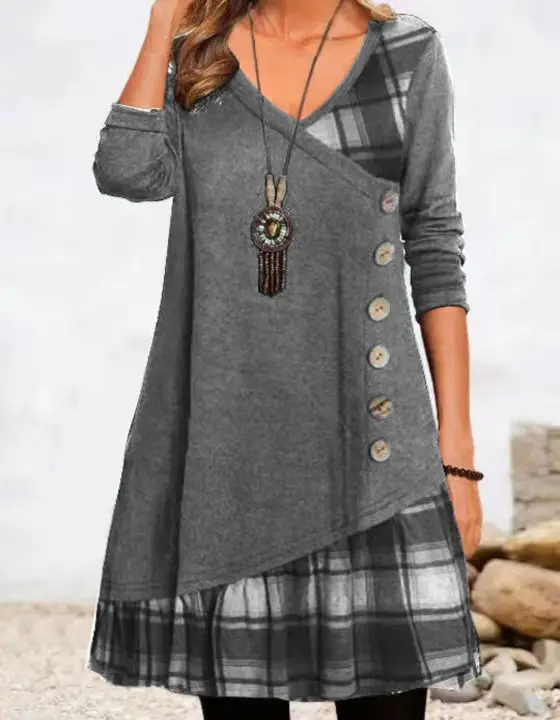 Women Black Patchwork Button Long Sleeve Tunic Dress