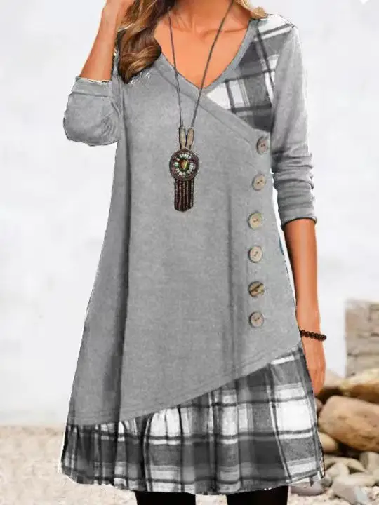 Women Black Patchwork Button Long Sleeve Tunic Dress
