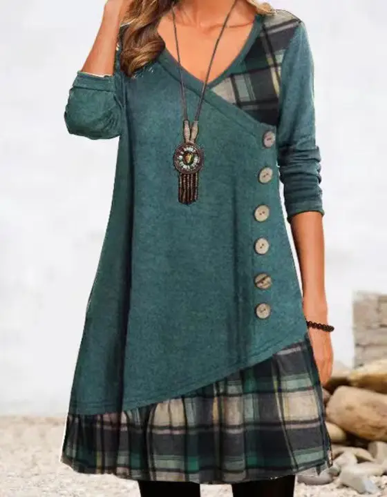 Women Black Patchwork Button Long Sleeve Tunic Dress