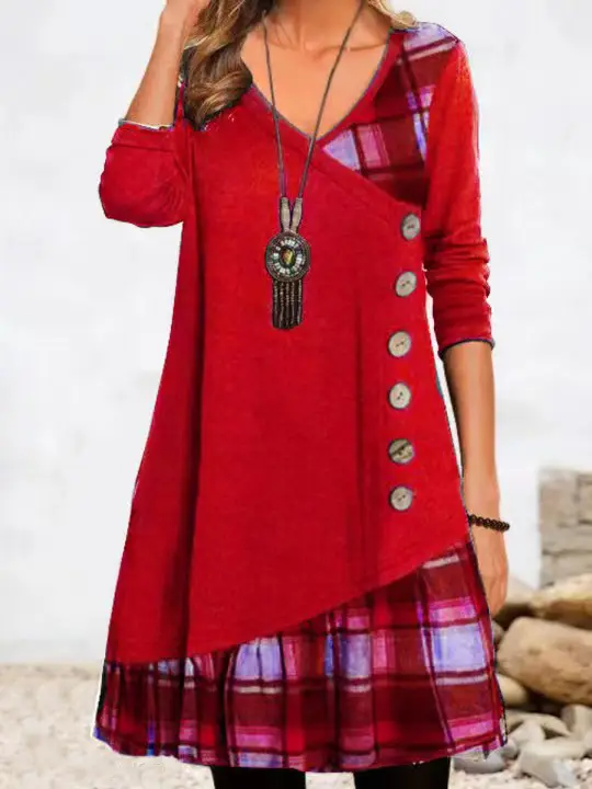 Women Black Patchwork Button Long Sleeve Tunic Dress