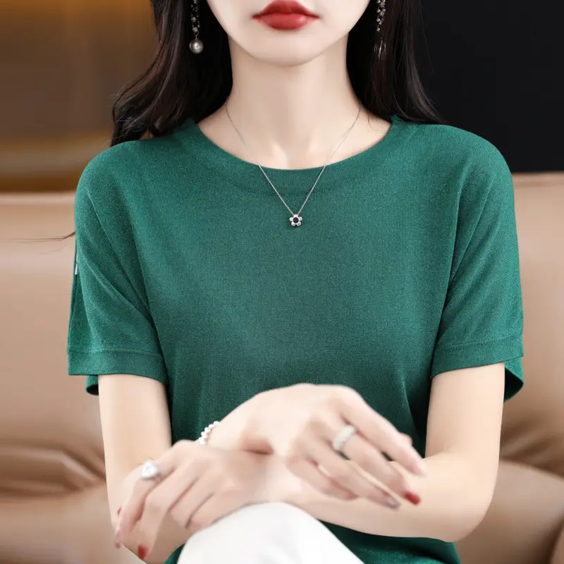 Women Green Knitted T-Shirt 2025 Summer - Image 9