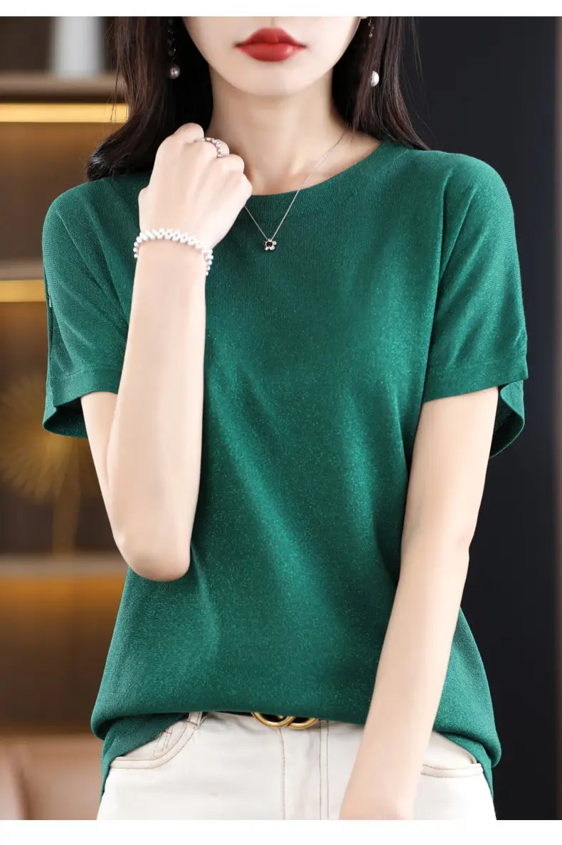 Women Green Knitted T-Shirt 2025 Summer — feature 19