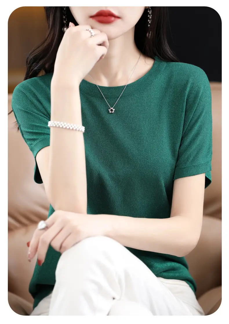Women Green Knitted T-Shirt 2025 Summer — feature 20