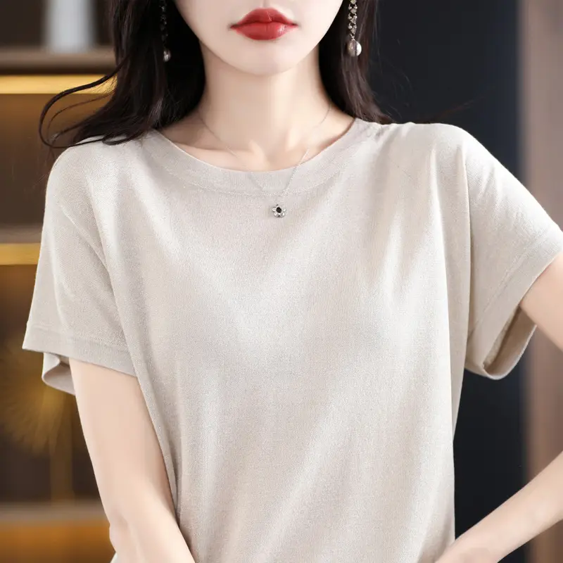 Women Green Knitted T-Shirt 2025 Summer - Image 2