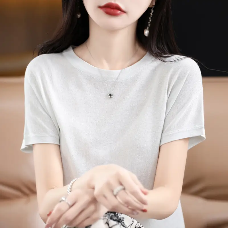Women Green Knitted T-Shirt 2025 Summer - Image 3