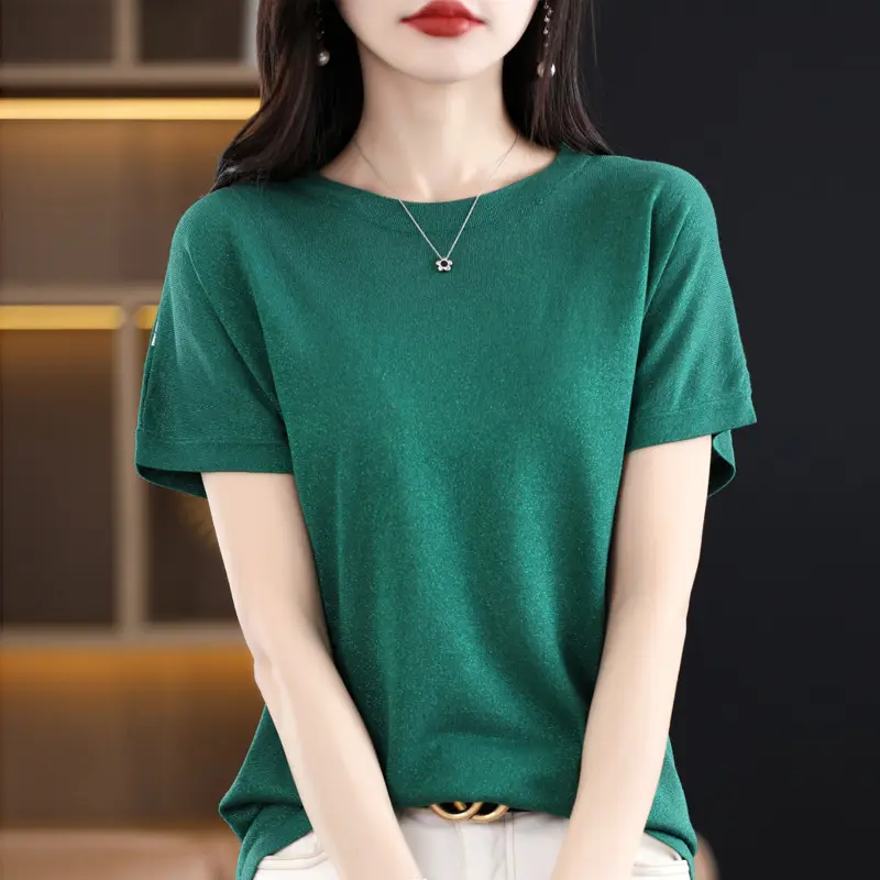 Women Green Knitted T-Shirt 2025 Summer - Image 5