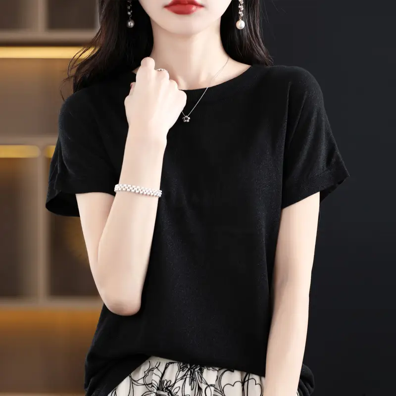 Women Green Knitted T-Shirt 2025 Summer - Image 6