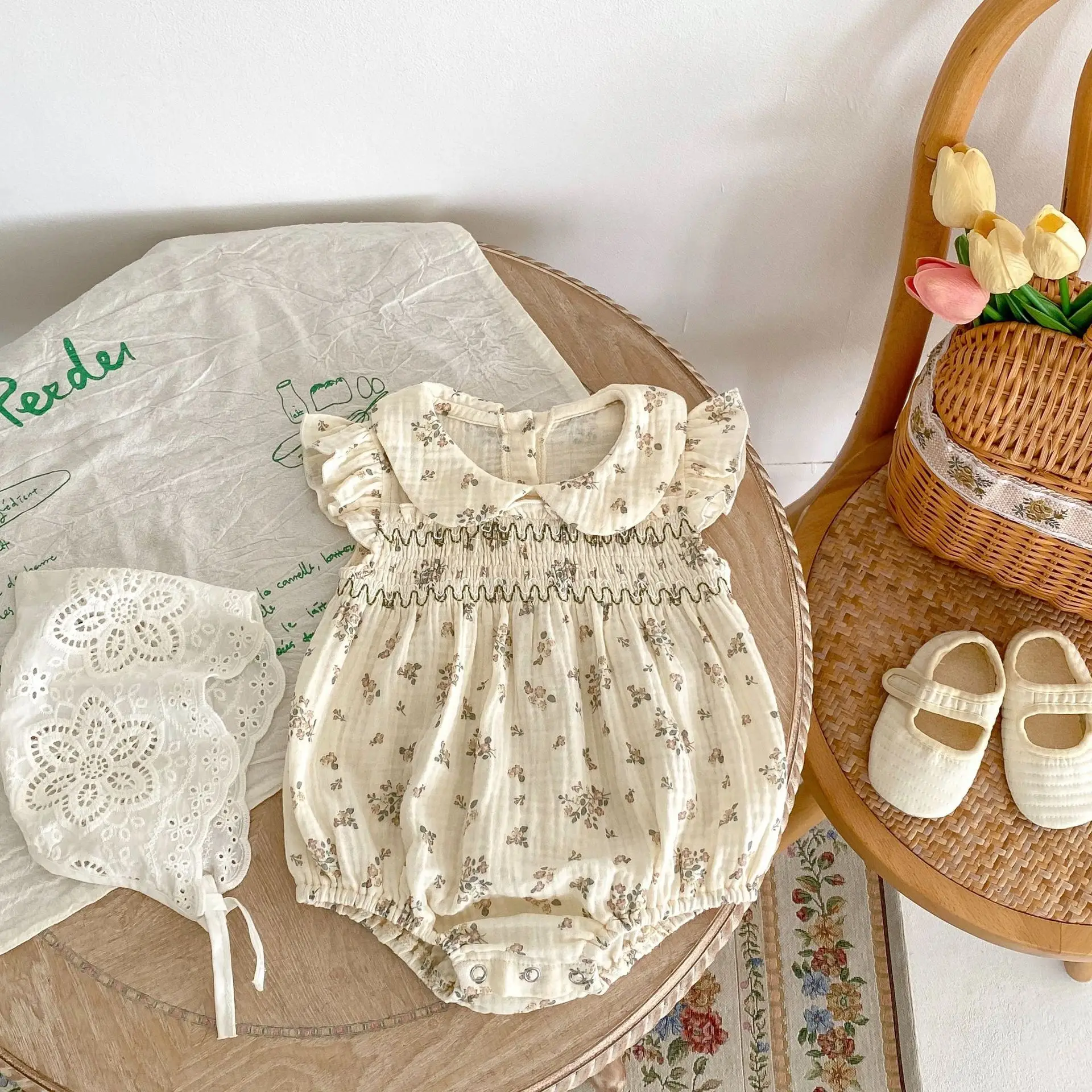 Baby Girl Siamese Floral Collar Dress with Flying Sleeve - Image 3