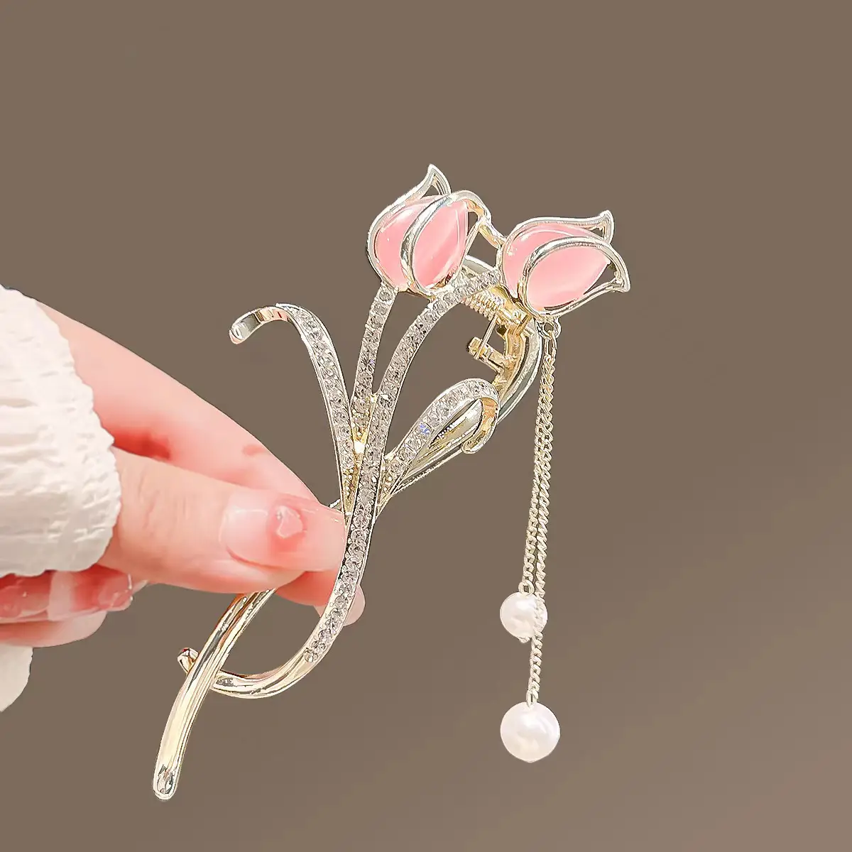 Elegant Cat's Eye Tulip Hairpin Clip with Pearl Drop