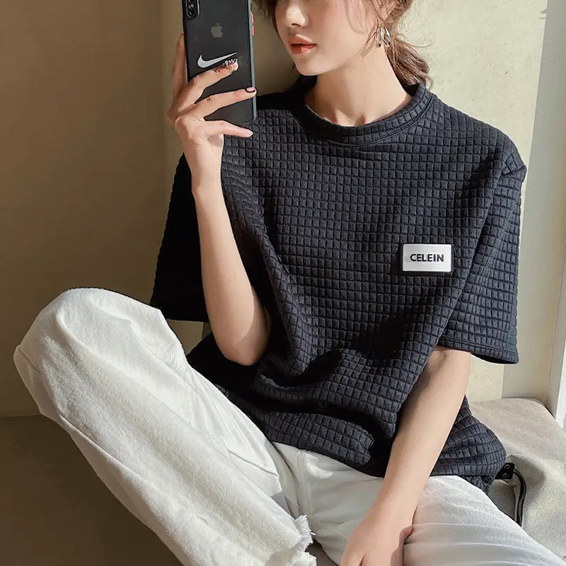 Women Wafflet T-Shirt Black Loose Fit Summer - Image 3