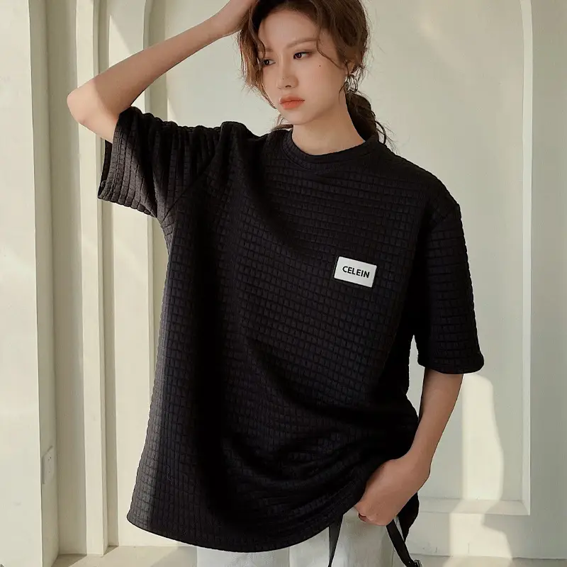 Women Wafflet T-Shirt Black Loose Fit Summer - Image 4