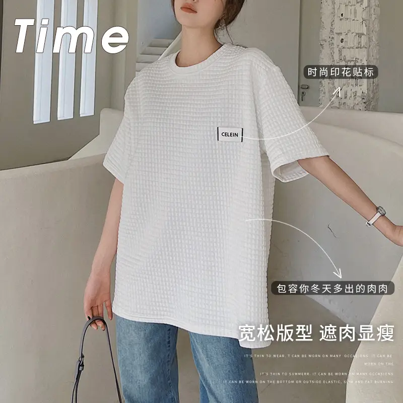 Women Wafflet T-Shirt Black Loose Fit Summer - Image 5
