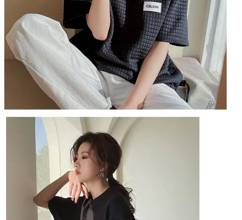 Women Wafflet T-Shirt Black Loose Fit Summer — feature 25