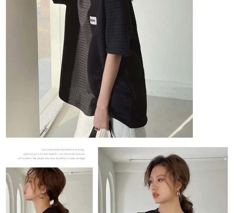 Women Wafflet T-Shirt Black Loose Fit Summer — feature 26