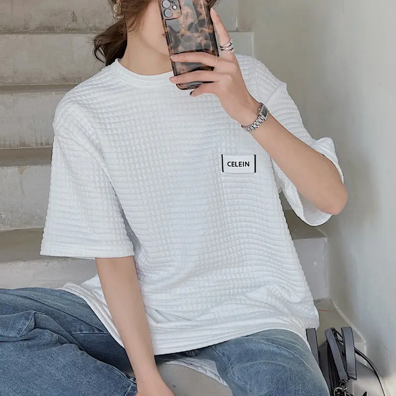 Women Wafflet T-Shirt Black Loose Fit Summer - Image 2