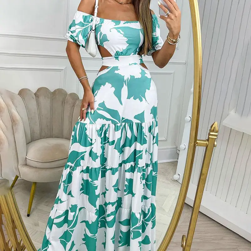 Green Printed Ruffled Spring Dress for Women - Image 8