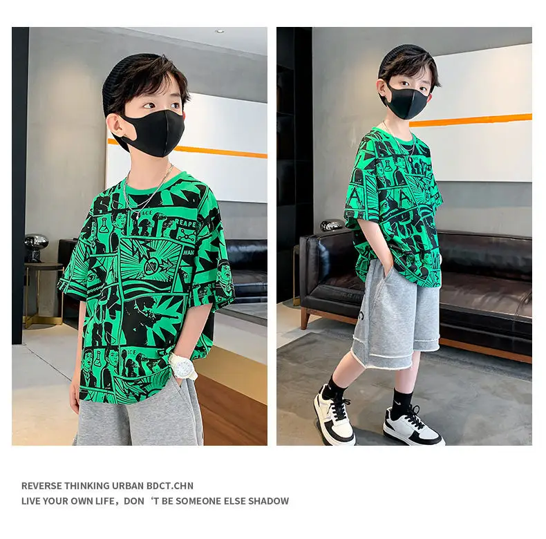 2025 Kids Cartoon Print Short Sleeve T-Shirt Green Black — feature 4