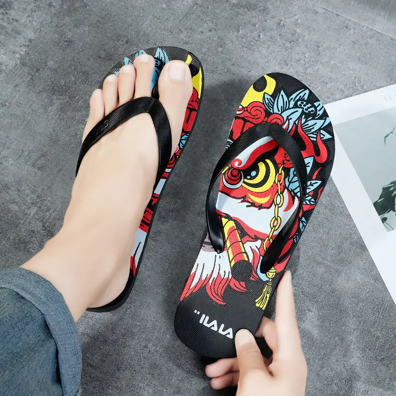 Men Black Hair Flip Flops Summer Sandals