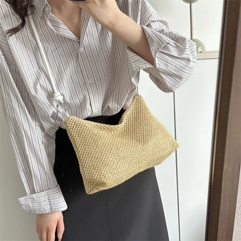 Women Woven Straw Shoulder Bag Mori Style Summer - Image 7
