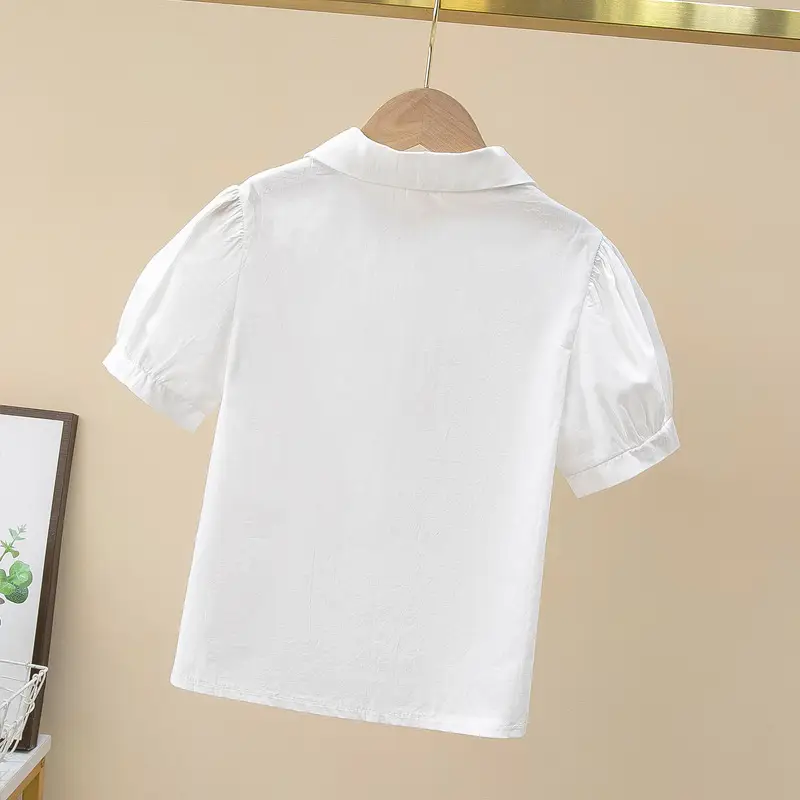 Girls White Collar Shirt Short Sleeve Cotton Summer Wear