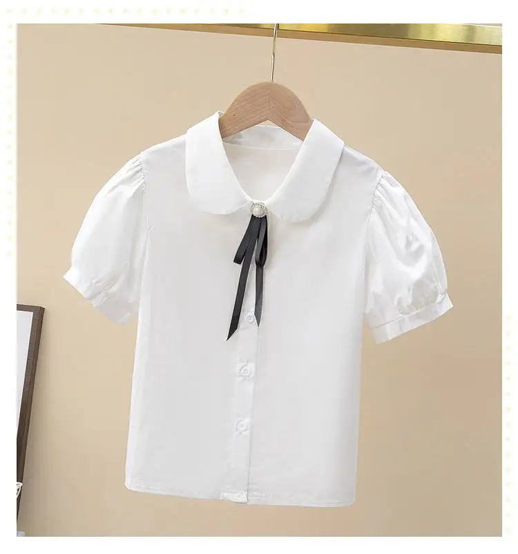 Girls White Collar Shirt Short Sleeve Cotton Summer Wear — feature 8