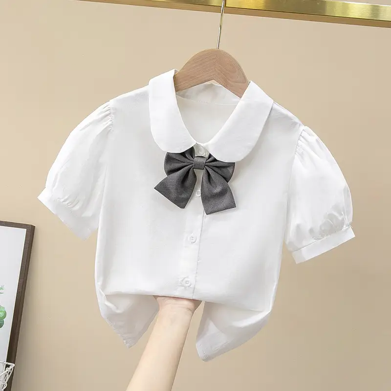 Girls White Collar Shirt Short Sleeve Cotton Summer Wear