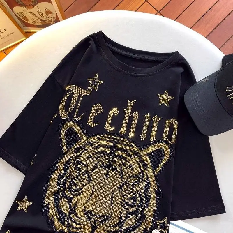 Women's Black Heavy Diamond Tiger Head T-Shirt - Image 2