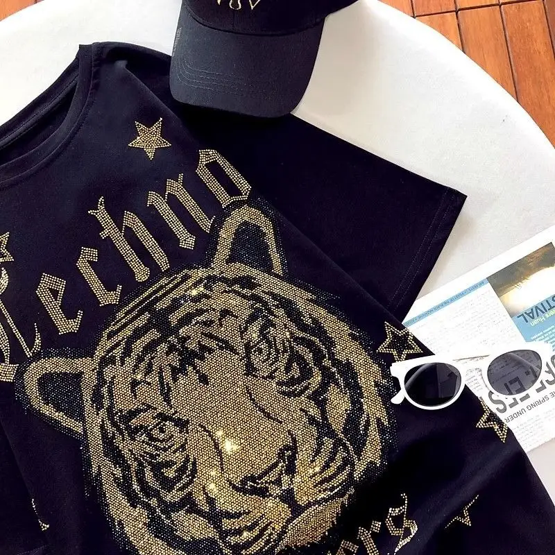 Women's Black Heavy Diamond Tiger Head T-Shirt - Image 3