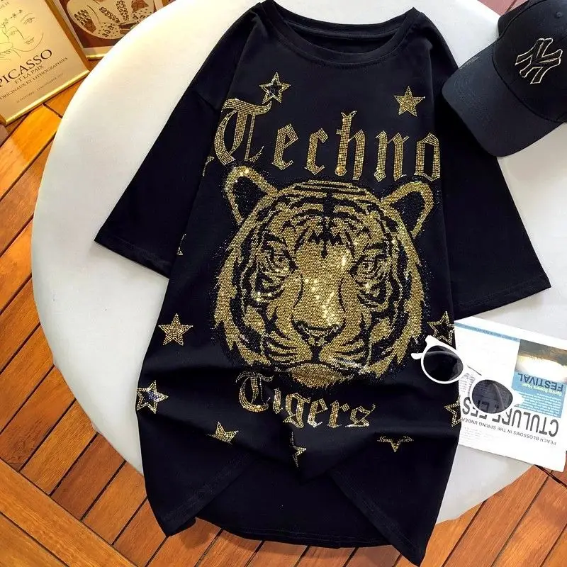 Women's Black Heavy Diamond Tiger Head T-Shirt — feature 2