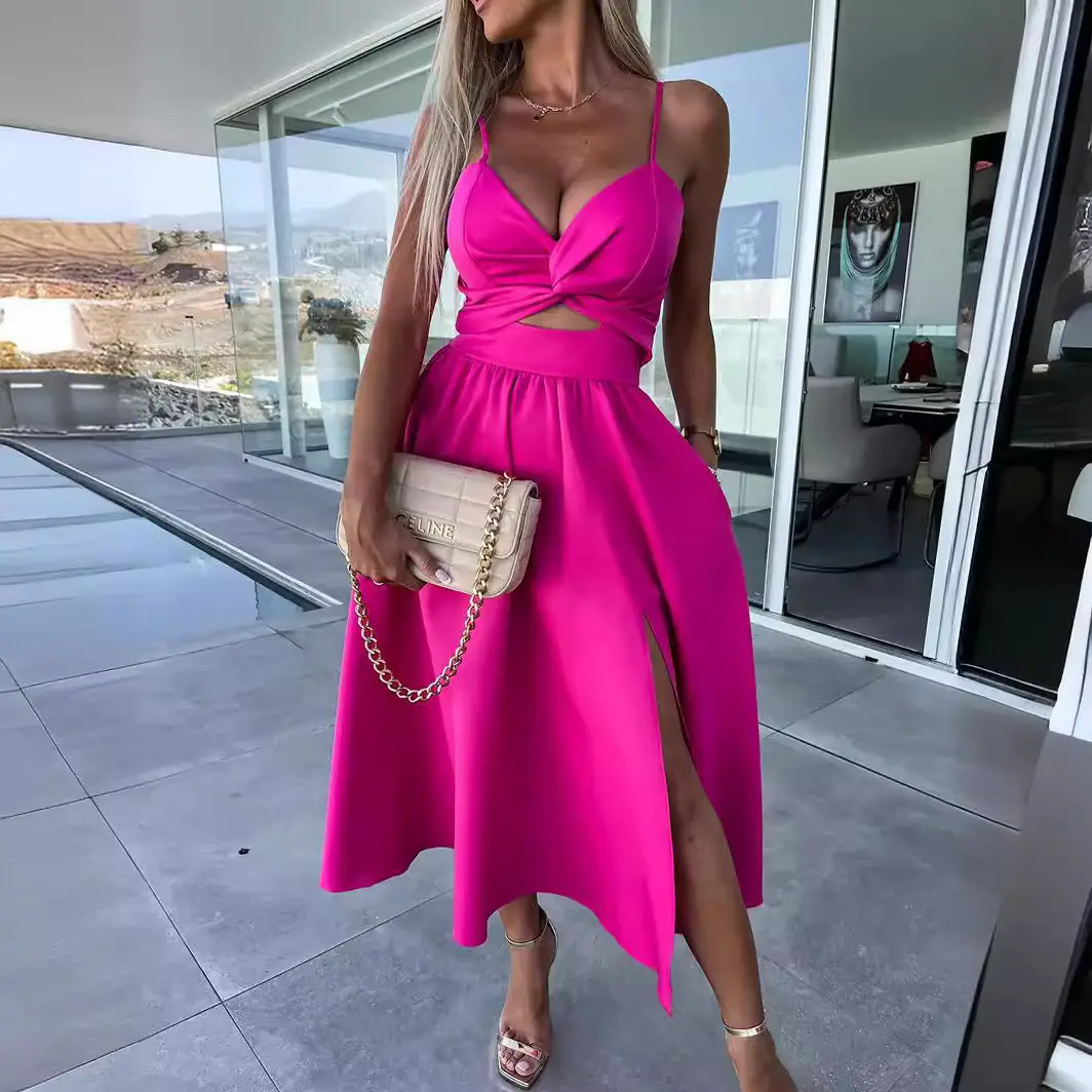 2023 New Fashion Women's Pink Sling Dress with High Slit - Image 14