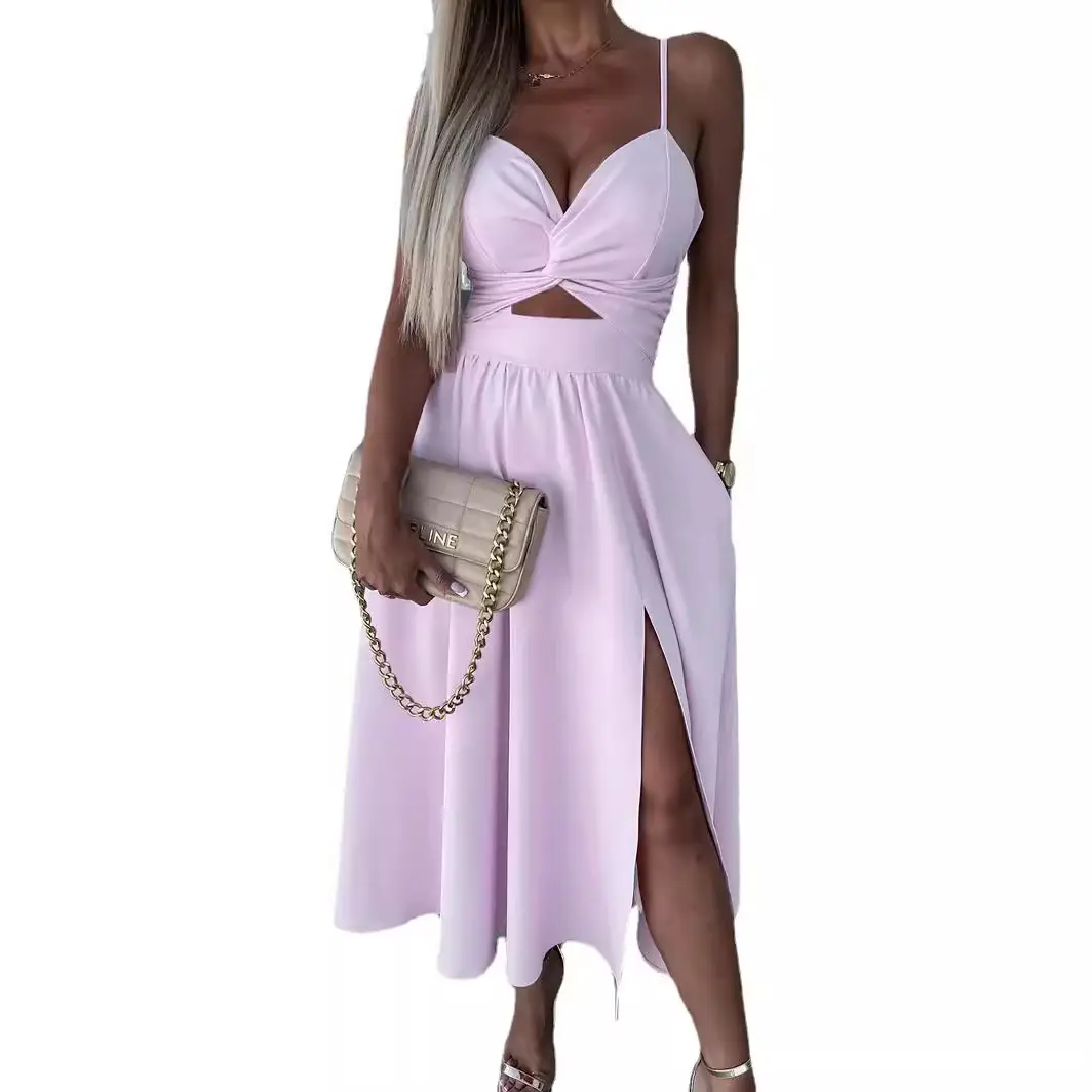 2023 New Fashion Women's Pink Sling Dress with High Slit - Image 16