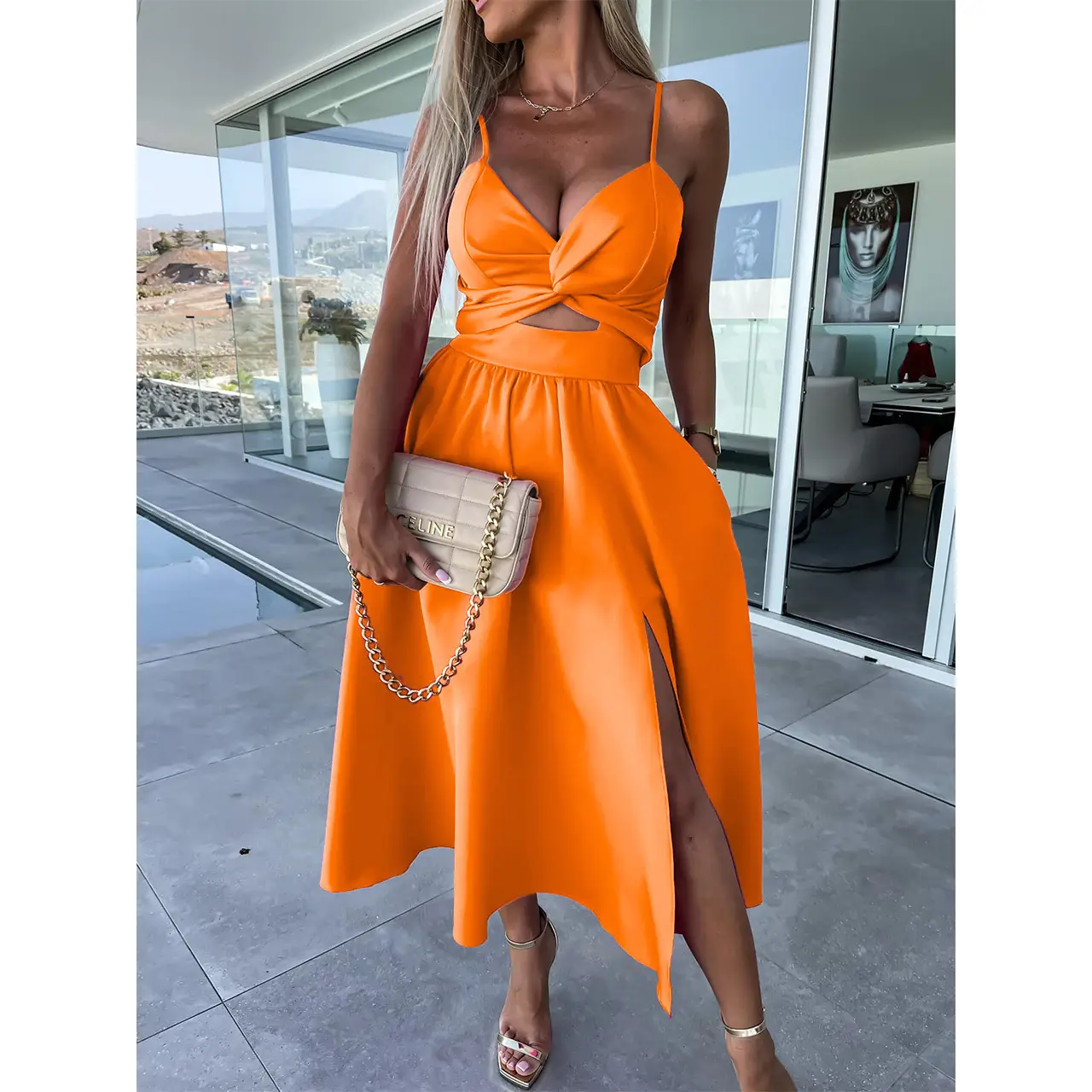 2023 New Fashion Women's Pink Sling Dress with High Slit — feature 12