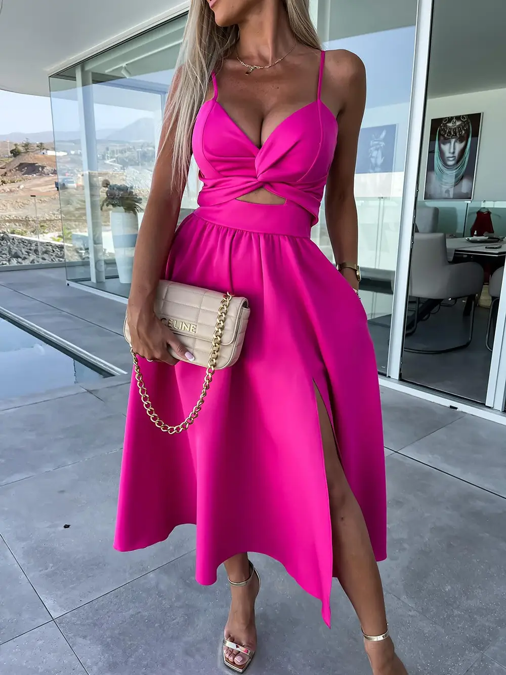 2023 New Fashion Women's Pink Sling Dress with High Slit — feature 9